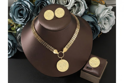 shein 4PCS/Set Arabian Hot Selling Gold Coin Glossy Pendant Necklace Earrings Ring