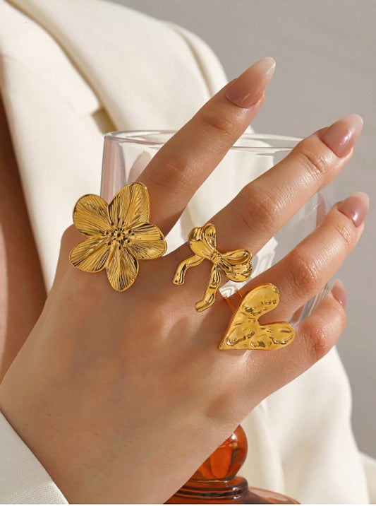 SHEIN 3 Piece Stainless Steel Minimalist 18K Gold Plated Butterfly, Heart, Flower Ring Set