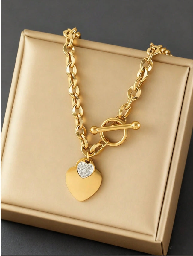 SHEIN 1 Set Stainless Steel Metal Double Heart Necklace & Bracelet Jewelry Set