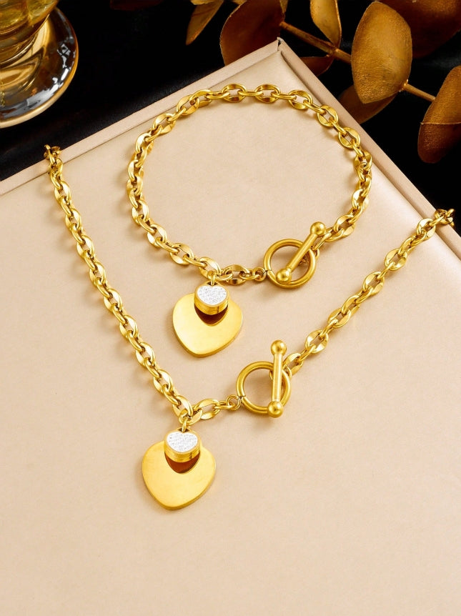SHEIN 1 Set Stainless Steel Metal Double Heart Necklace & Bracelet Jewelry Set