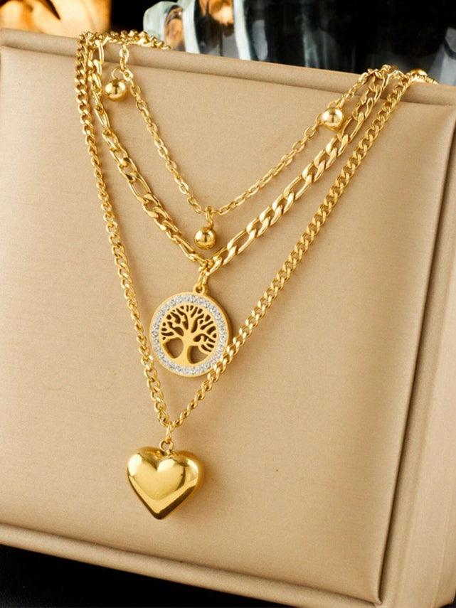 SHEIN 1pc Fashionable Minimalist Retro Stainless Steel Multi-Layered Chain Heart Circle Disc Tree Of Life Pendant Necklace For Women