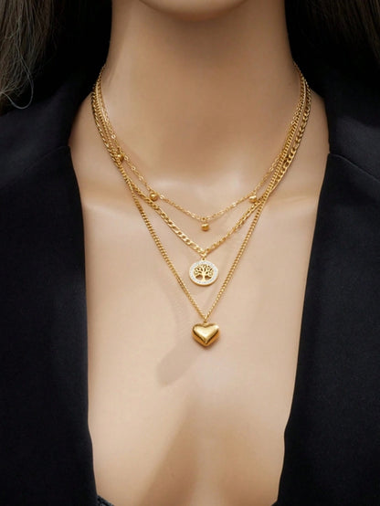 SHEIN 1pc Fashionable Minimalist Retro Stainless Steel Multi-Layered Chain Heart Circle Disc Tree Of Life Pendant Necklace For Women