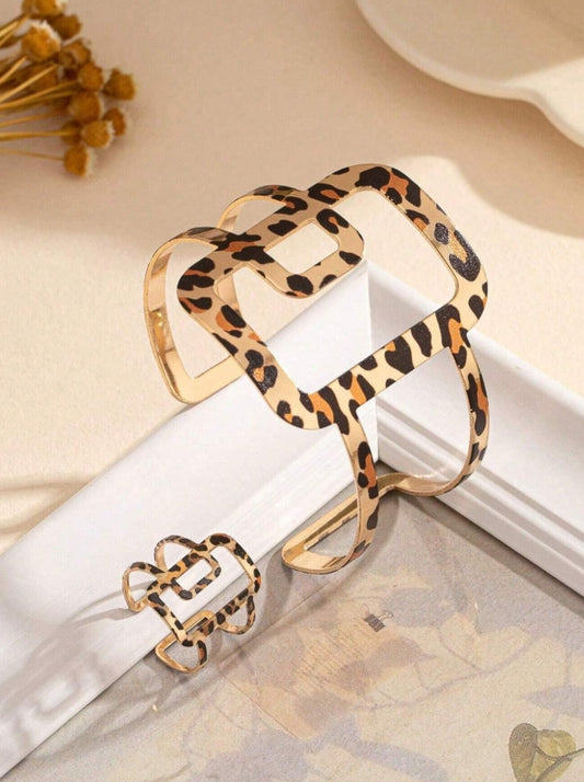 SHEIN 2pcs/Set Fashionable Exaggerated Leopard Print Bangle & Ring Set, Minimalist Style Jewelry Set For Women