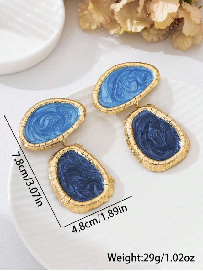 1 Pair Gold Framed Blue Marble Swirl Pendant Earrings