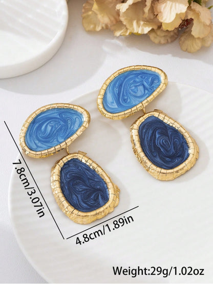 1 Pair Gold Framed Blue Marble Swirl Pendant Earrings