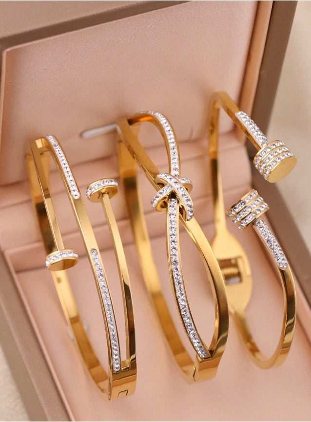 SHEIN  3pcs Elegant Luxury Stainless Steel Women Gold Zirconia Bracelet, Suitable For Daily Wear