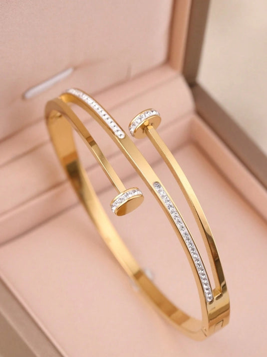 SHEIN 3pcs Elegant Luxury Stainless Steel Women Gold Zirconia Bracelet, Suitable For Daily Wear