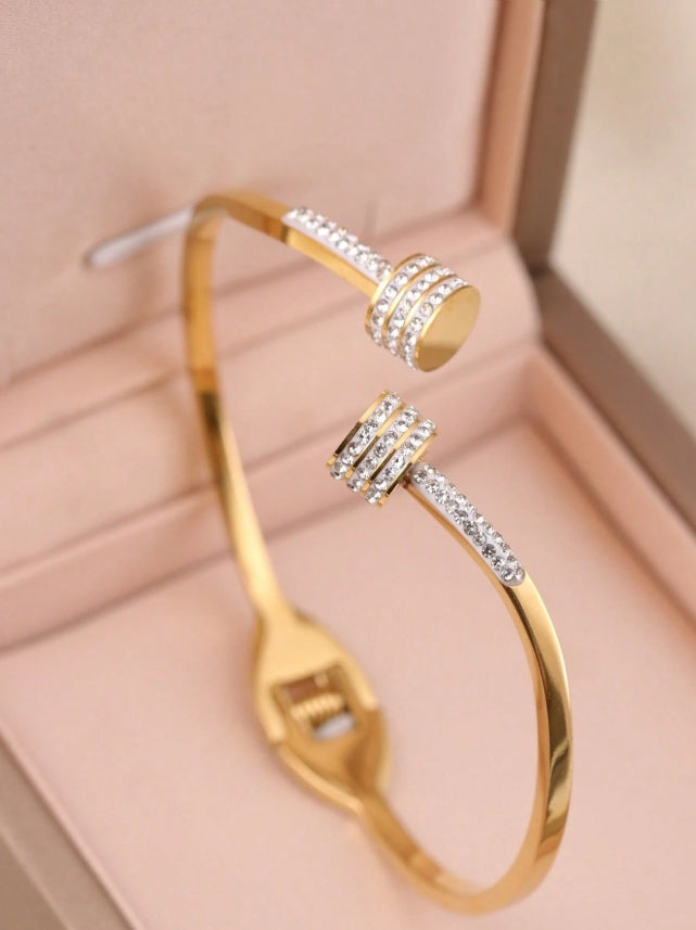 SHEIN  3pcs Elegant Luxury Stainless Steel Women Gold Zirconia Bracelet, Suitable For Daily Wear
