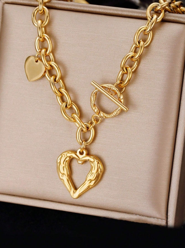 SHEIN 1pc Marka French Style Ins Stainless Steel Hollow Heart OT Clasp Love Necklace For Women