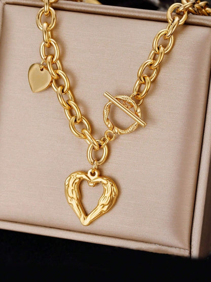 SHEIN 1pc Marka French Style Ins Stainless Steel Hollow Heart OT Clasp Love Necklace For Women