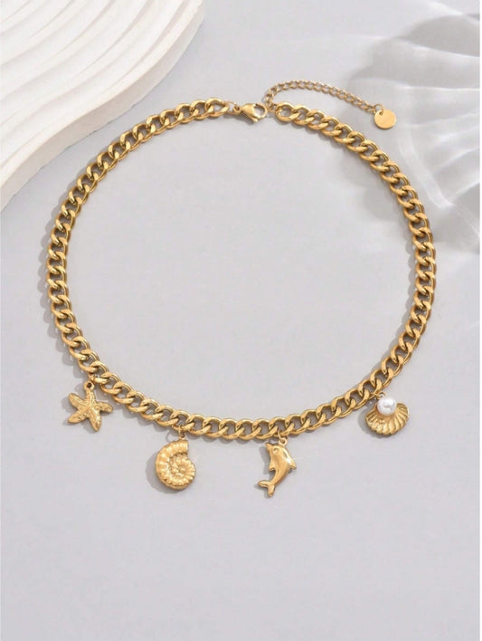 SHEIN LIEBEIRIS 1pc Fashionable 18K Gold Plated Stainless Steel Thick Necklace With Ocean Elements For Women