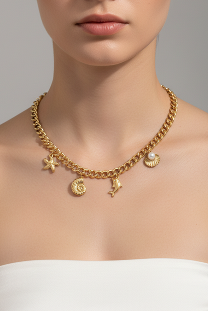 SHEIN LIEBEIRIS 1pc Fashionable 18K Gold Plated Stainless Steel Thick Necklace With Ocean Elements For Women