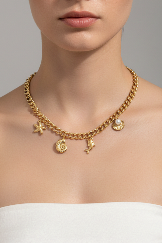 SHEIN LIEBEIRIS 1pc Fashionable 18K Gold Plated Stainless Steel Thick Necklace With Ocean Elements For Women