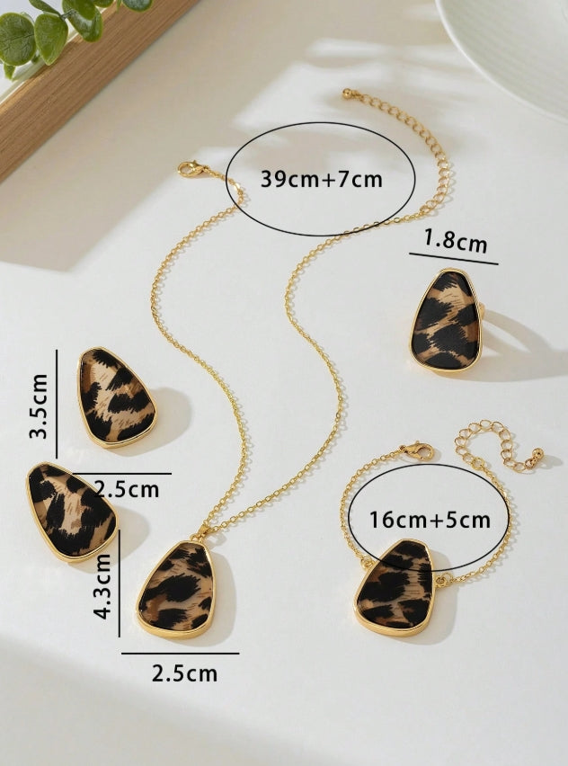 SHEIN 1 Set Women Jewelry: 1pc Elegant Leopard Asymmetrical Geometric Pendant Necklace, 1pc Bracelet, 1 Pair Earrings, 1pc Ring