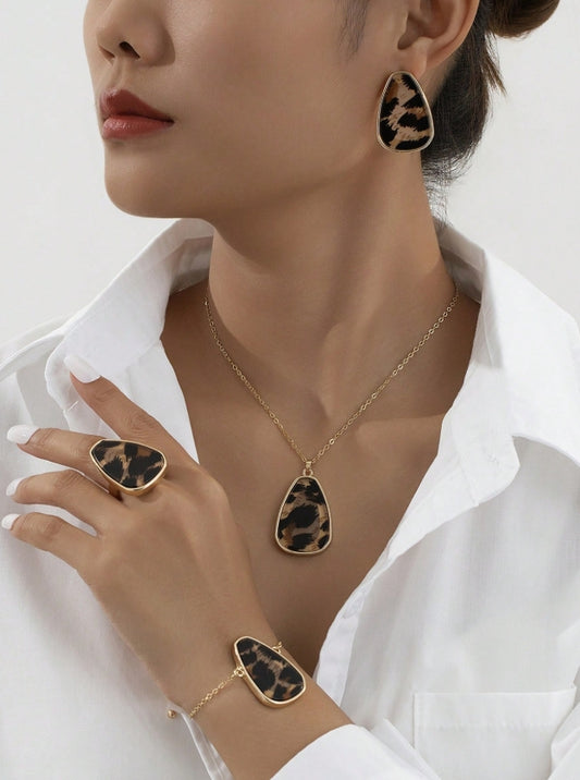 SHEIN 1 Set Women Jewelry: 1pc Elegant Leopard Asymmetrical Geometric Pendant Necklace, 1pc Bracelet, 1 Pair Earrings, 1pc Ring