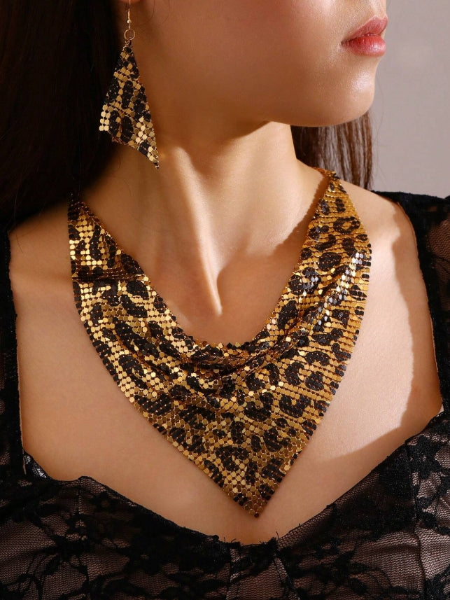 SHEIN NAIZHU 3pcs/Set Fashionable Women's Exaggerated Leopard Print Metal Texture Necklace & Earrings Set For Party