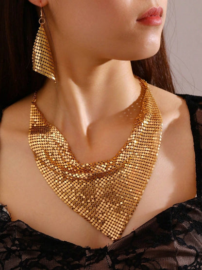 SHEIN NAIZHU 3pcs/Set Fashionable Women's Exaggerated Leopard Print Metal Texture Necklace & Earrings Set For Party