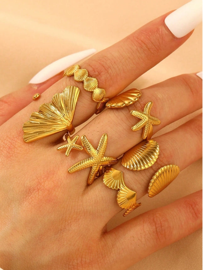 SHEIN   6pcs/Set Fashion Stainless Steel Ocean Series Starfish Coral Shell Decorated Rings,