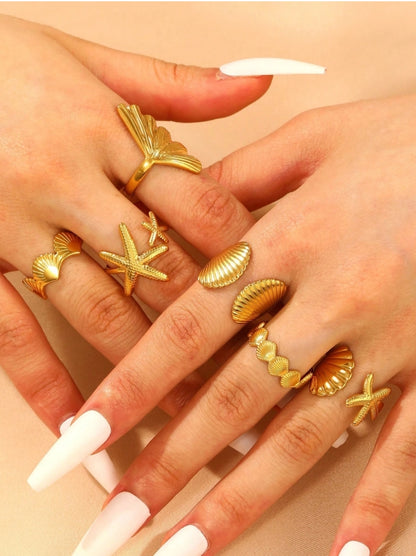 SHEIN   6pcs/Set Fashion Stainless Steel Ocean Series Starfish Coral Shell Decorated Rings,