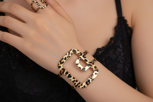 SHEIN  1pc/Set Fashionable Leopard Print Open Ring Leopard Print Bracelet Set / Multicolor / Set