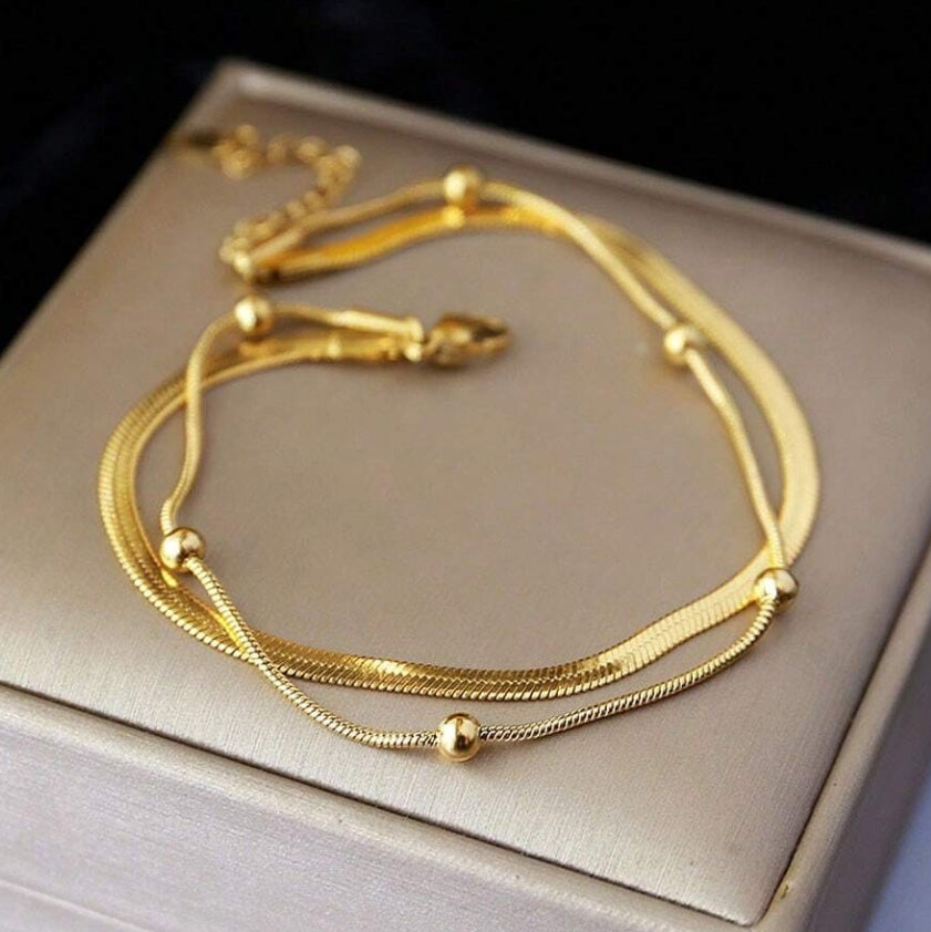 SHEIN 316L Stainless Steel Gold Plated Double Layer Anklet, Women Girls New Waterproof Jewelry Gift Party