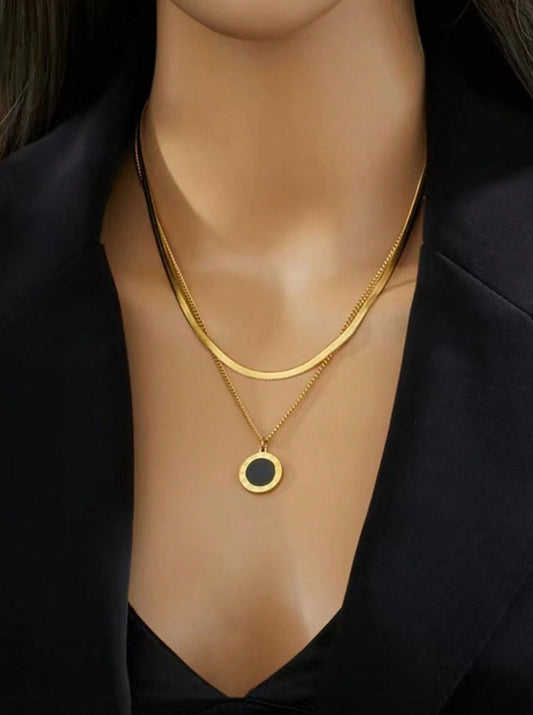 SHEIN 2pcs/Set Stainless Steel Minimalist Black Roman Coin Pendant Blade Chain Necklaces