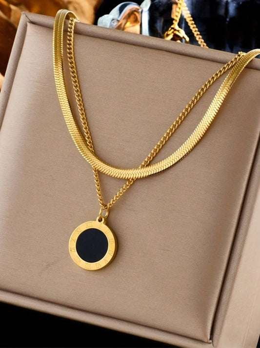 SHEIN 2pcs/Set Stainless Steel Minimalist Black Roman Coin Pendant Blade Chain Necklaces