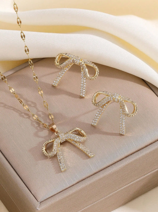 SHEIN 1 Set Stainless Steel Chain Bow Pendant Cubic Zirconia Necklace & Earrings Set For Women