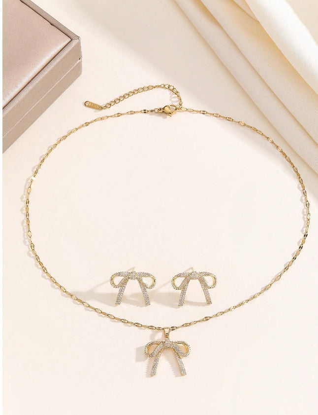 SHEIN 1 Set Stainless Steel Chain Bow Pendant Cubic Zirconia Necklace & Earrings Set For Women