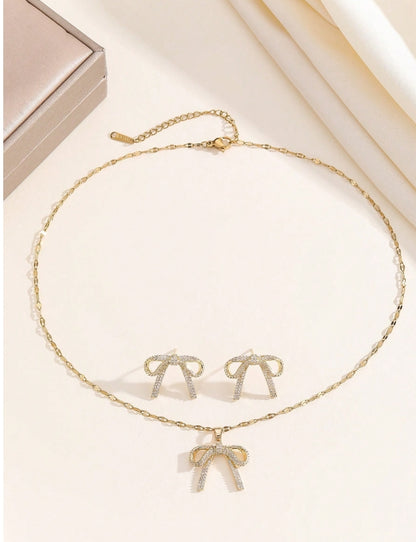 SHEIN 1 Set Stainless Steel Chain Bow Pendant Cubic Zirconia Necklace & Earrings Set For Women