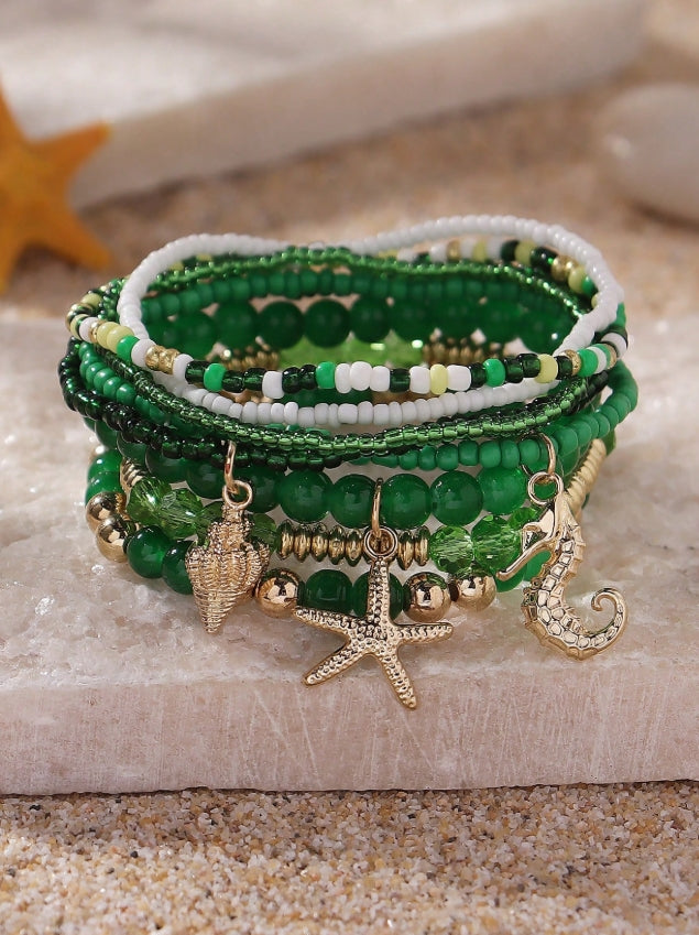 SHEIN 8pcs Bohemian Ocean Theme Seahorse, Shell, Starfish Pendant Glass Beaded Multilayer Bracelet