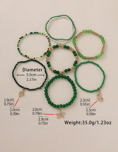 SHEIN 8pcs Bohemian Ocean Theme Seahorse, Shell, Starfish Pendant Glass Beaded Multilayer Bracelet