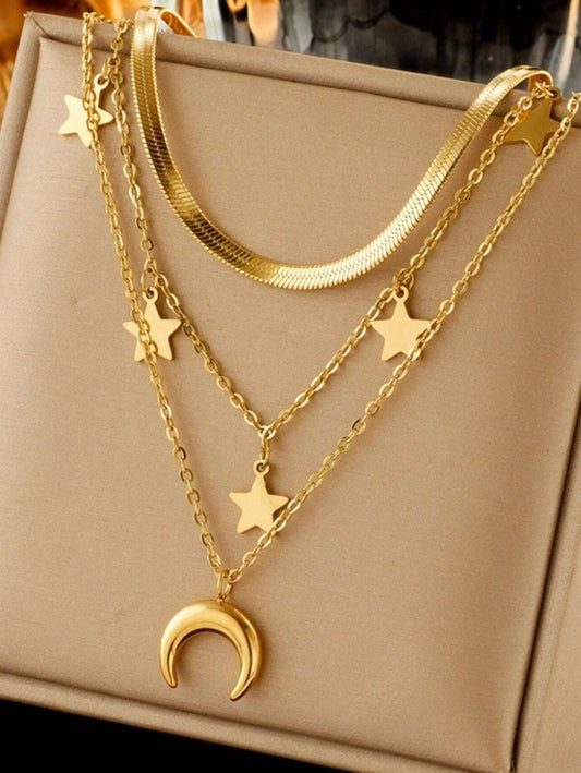 SHEIN One Three-Layer Stainless Steel Necklace With Star And Moon Pendant