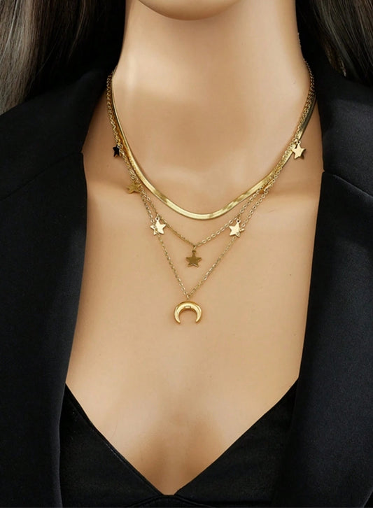 SHEIN One Three-Layer Stainless Steel Necklace With Star And Moon Pendant