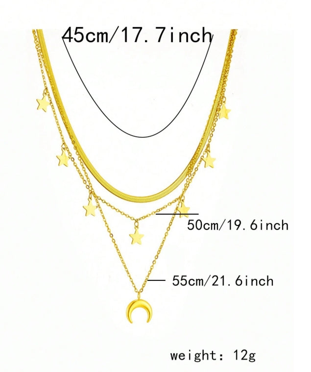 SHEIN One Three-Layer Stainless Steel Necklace With Star And Moon Pendant