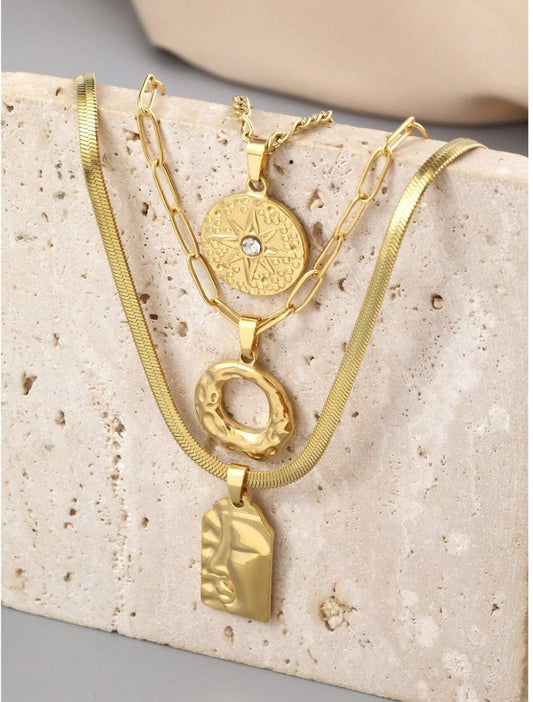 SHEIN 3pcs Stainless Steel Golden Yellow Light Set With Diamonds, 3 Different Styles Of Necklaces And Pendants In The Face Series,