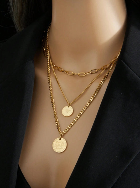 SHEIN 1pc Fashionable Simple Multi-Layered Retro Stainless Steel Engraved Round Pendant Necklace