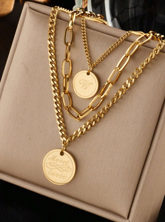 SHEIN 1pc Fashionable Simple Multi-Layered Retro Stainless Steel Engraved Round Pendant Necklace