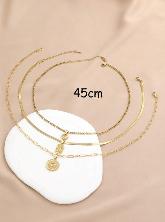SHEIN 3pcs Stainless Steel Golden Love Ray Series Of 3 Different Styles Of Necklaces And Pendants