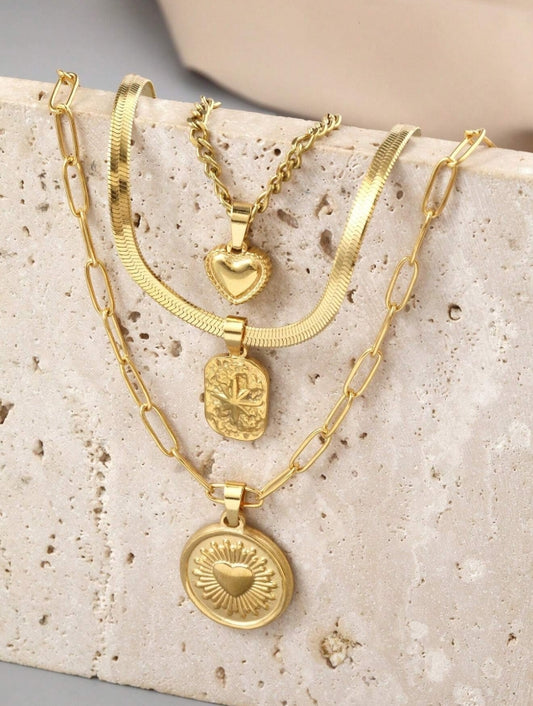 SHEIN 3pcs Stainless Steel Golden Love Ray Series Of 3 Different Styles Of Necklaces And Pendants