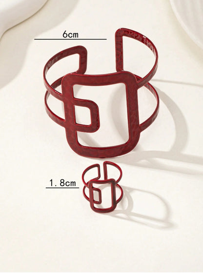 SHEIN 1 Set Punk Style Versatile Metal Red Geometric Hollow Adjustable Bracelet & Ring Set