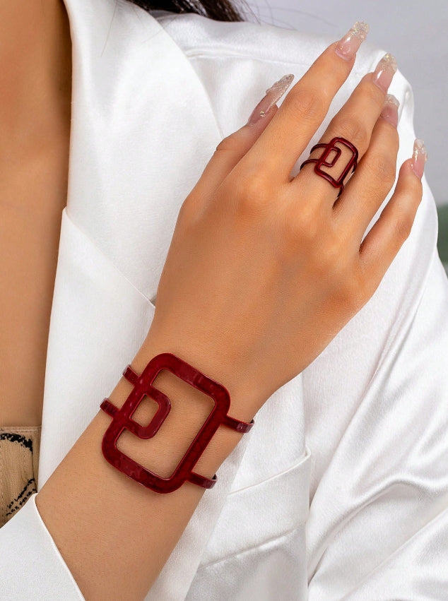 SHEIN 1 Set Punk Style Versatile Metal Red Geometric Hollow Adjustable Bracelet & Ring Set