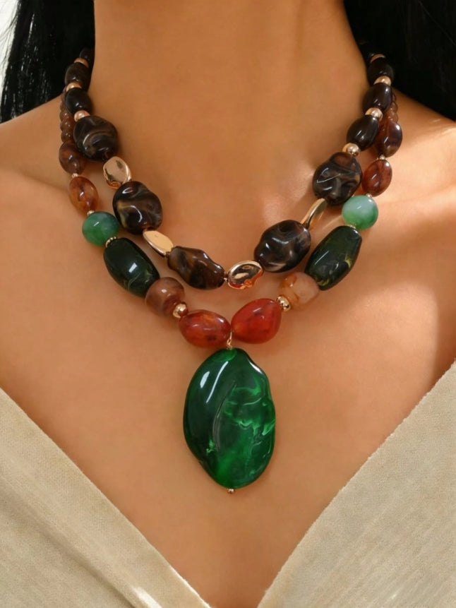 SHEIN 1pc Or More Fashionable Elegant Bohemian Green & Brown Resin DIY Handmade Beaded