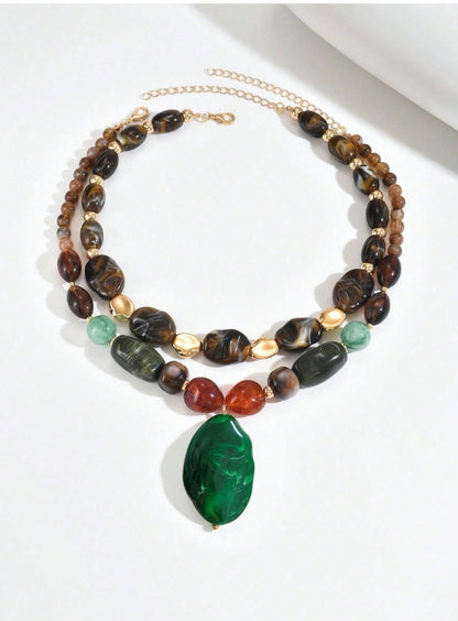 SHEIN 1pc Or More Fashionable Elegant Bohemian Green & Brown Resin DIY Handmade Beaded
