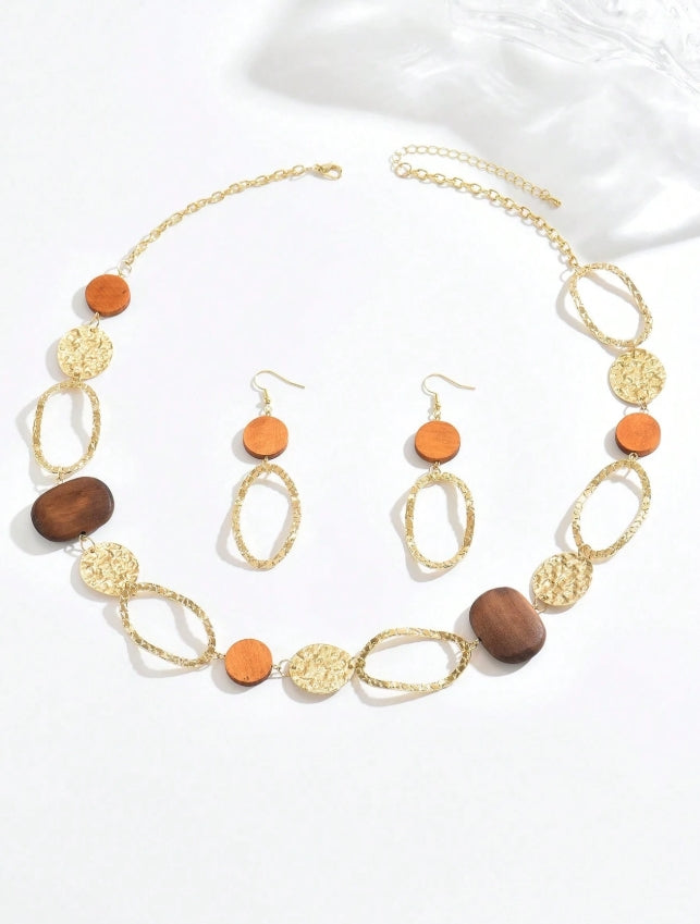 SHEIN 1 Set Vintage Hollow Round Wooden Bead Necklace & Earrings Set,