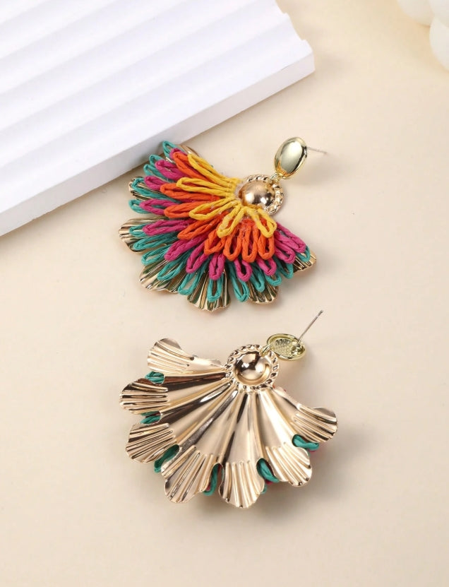 SHEIN 1 Pair Handmade Colorful Contrast Effect Phoenix Tail Flower Pendant Earrings