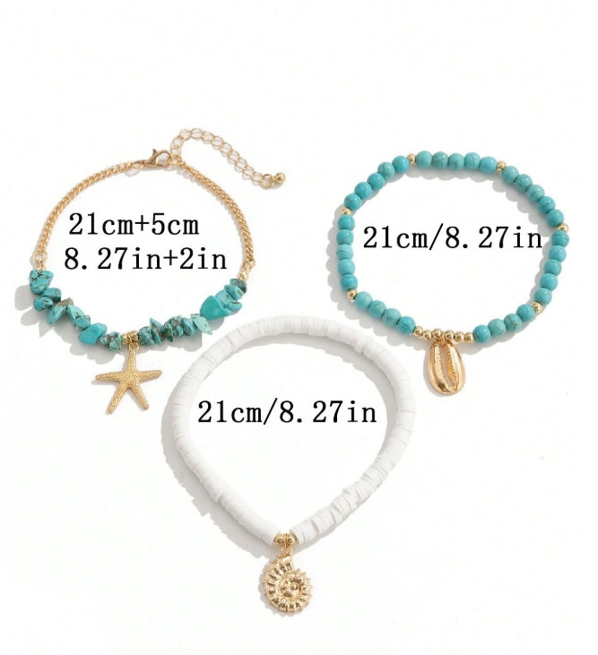SHEIN 3pcs/Set Turquoise Stone Chip Beads & Soft Ceramic Beaded Anklet With Oceanic Starfish & Seashell Pendant