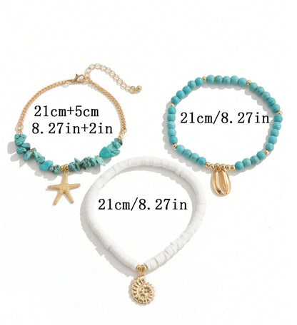 SHEIN 3pcs/Set Turquoise Stone Chip Beads & Soft Ceramic Beaded Anklet With Oceanic Starfish & Seashell Pendant