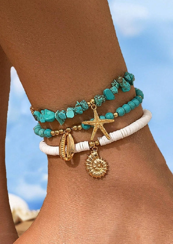 SHEIN 3pcs/Set Turquoise Stone Chip Beads & Soft Ceramic Beaded Anklet With Oceanic Starfish & Seashell Pendant