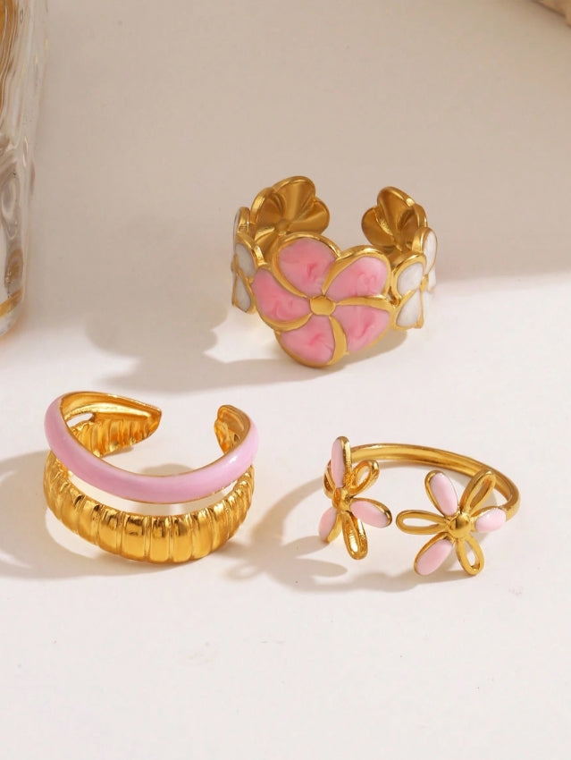 SHEIN 3pcs/Set Stainless Steel Minimalist 18K Gold Plated Pink Enamel Flower Rings,